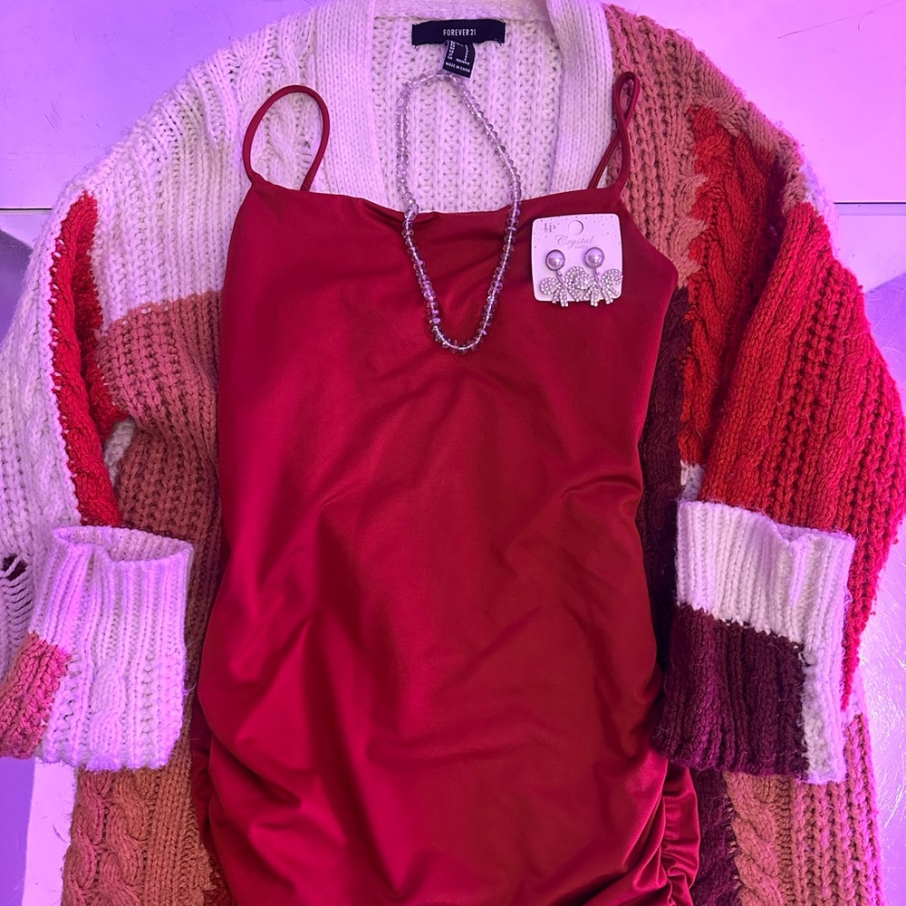 Red Dress with Multicolor Knit Cardigan